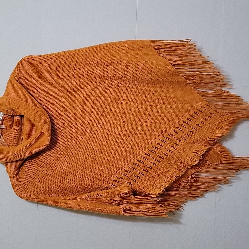Harve Benard‎ Orange Knit Poncho, Fall, Retro, Boho, Fringe, Woman's One size